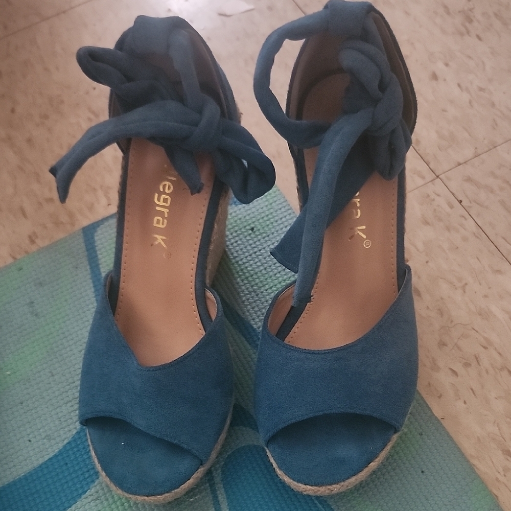 Allegra K Blue Espadrille Wedges with Elegant Ribbon Tie